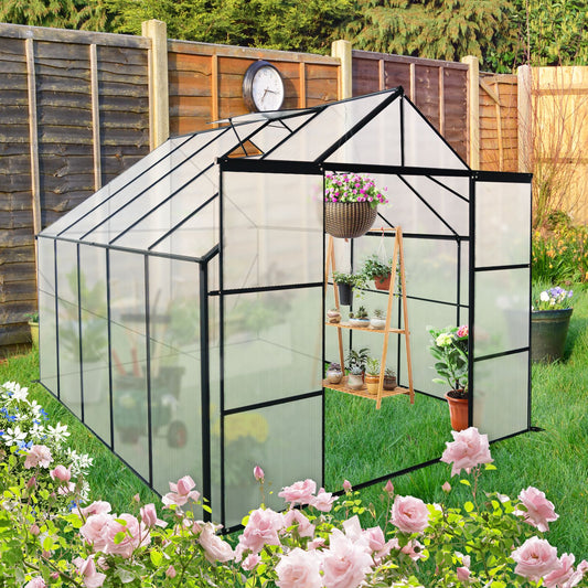 8x10FT Double Door Polycarbonate Greenhouse Raised Base, Anchor Aluminum Heavy Duty