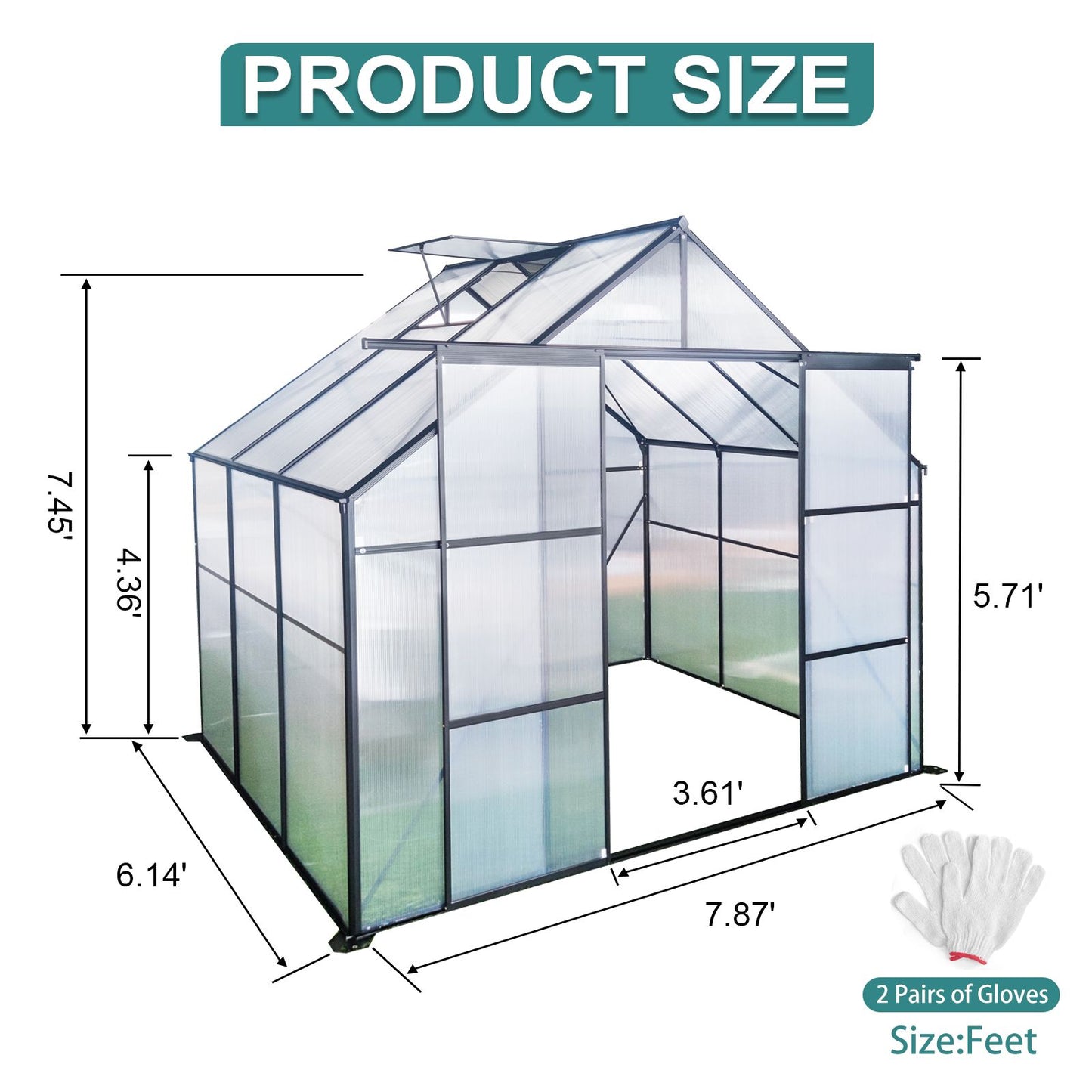 8X6FT-Black Double Door Polycarbonate Greenhouse Raised Base,Anchor Aluminum Heavy Duty