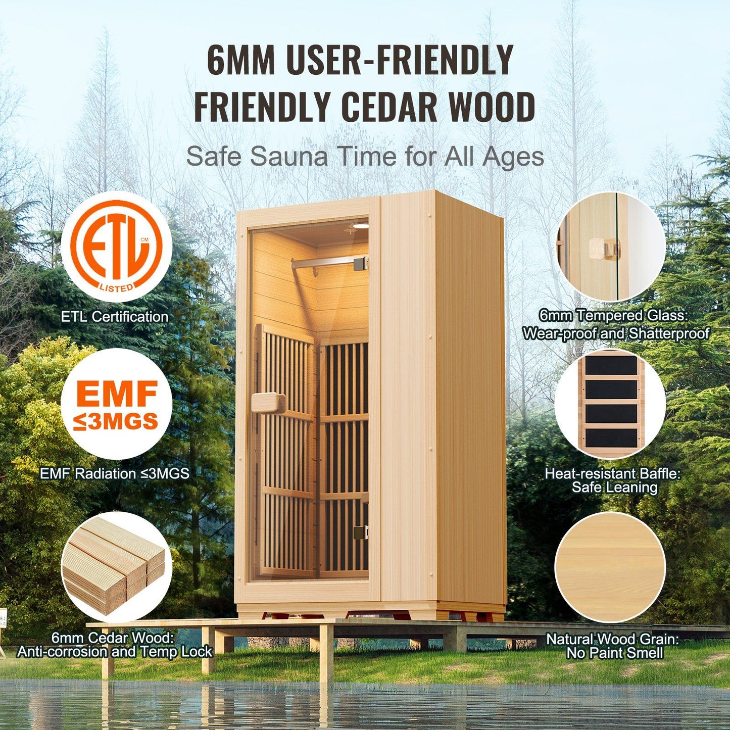 VEVOR Low EMF Far Infrared Hemlock Wood Sauna with Tempered Glass Door LED Reading Lamp Bluetooth Speakers, 1140W Indoor Use