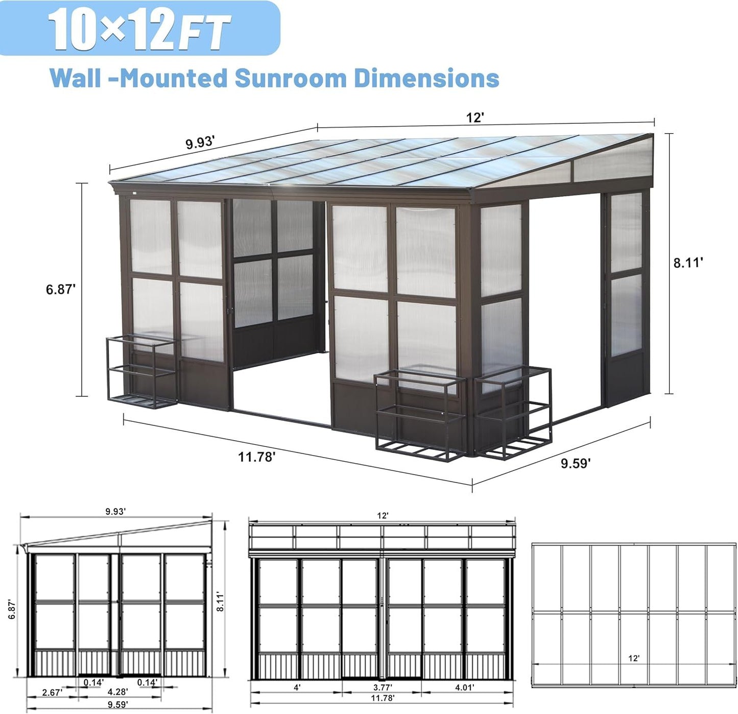 10x12FT All Season Permanent Wall Mounted Solarium with Detachable Polycarbonate Windows