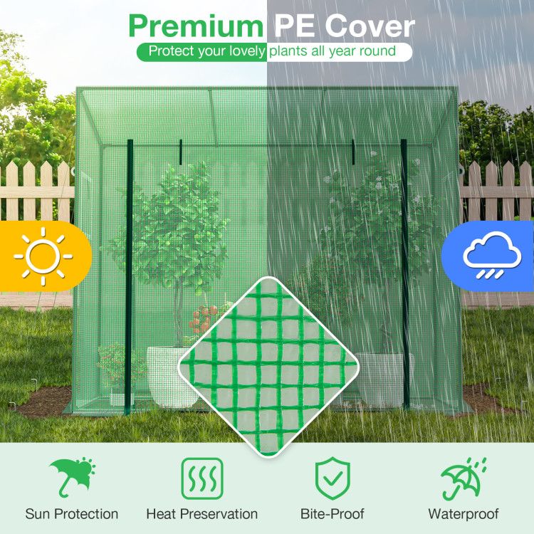 Portable Walk-in Greenhouse with PE Cover Heavy-Duty Metal Frame Roll-up Zipper Door