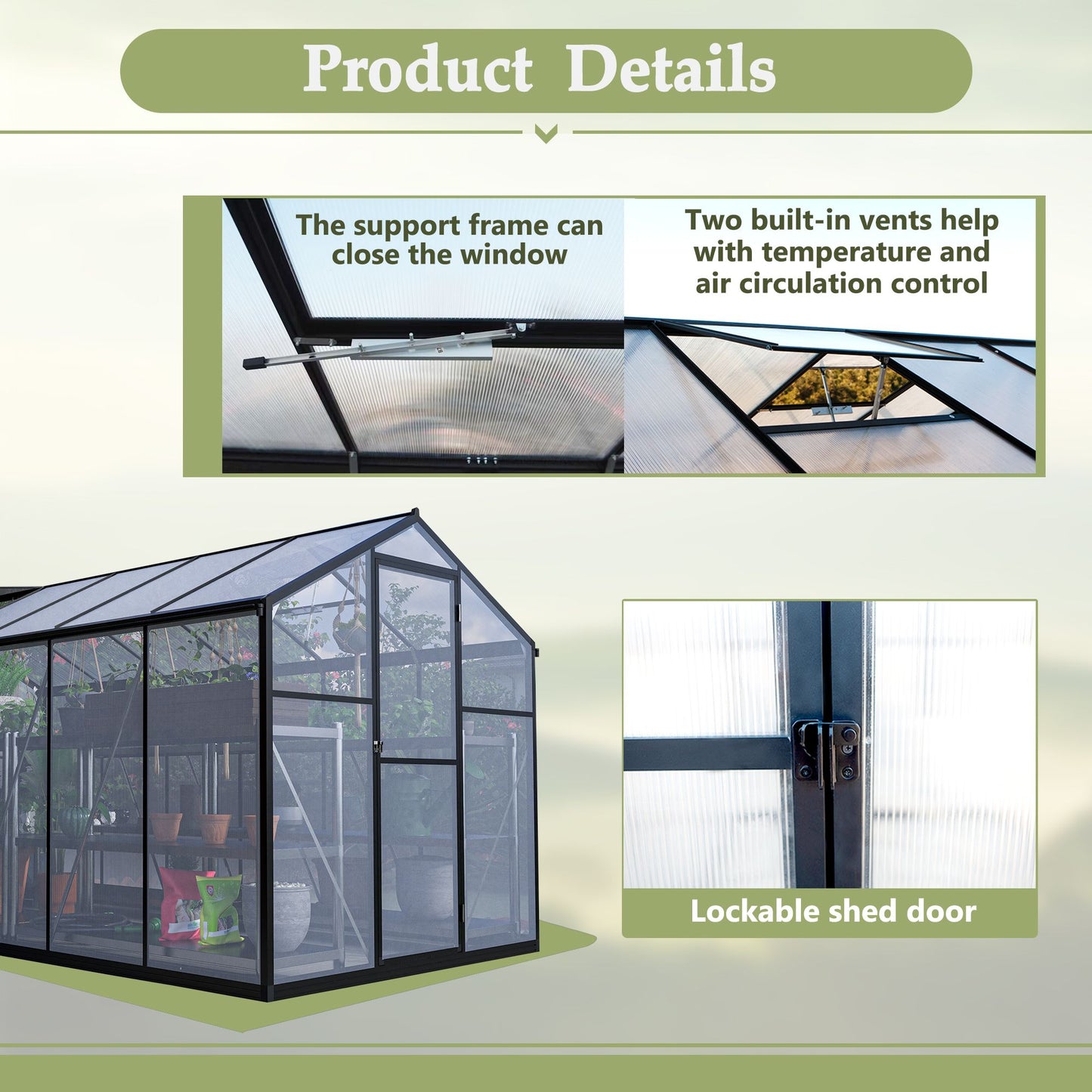 6' x 12' Polycarbonate Greenhouse, with Double Flush Door, Rain Gutter and Ventilation Window