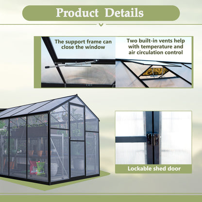 6' x 12' Polycarbonate Greenhouse, with Double Flush Door, Rain Gutter and Ventilation Window