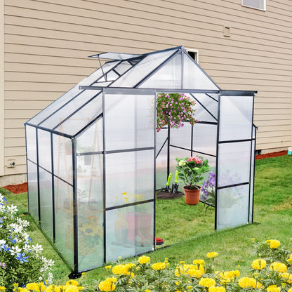 8X6FT-Black Double Door Polycarbonate Greenhouse Raised Base,Anchor Aluminum Heavy Duty