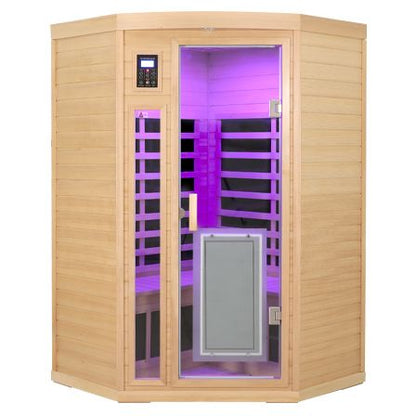 Two person Low EMF Front door with heating panel Far-infrared Hemlock Corner Indoor Sauna Room