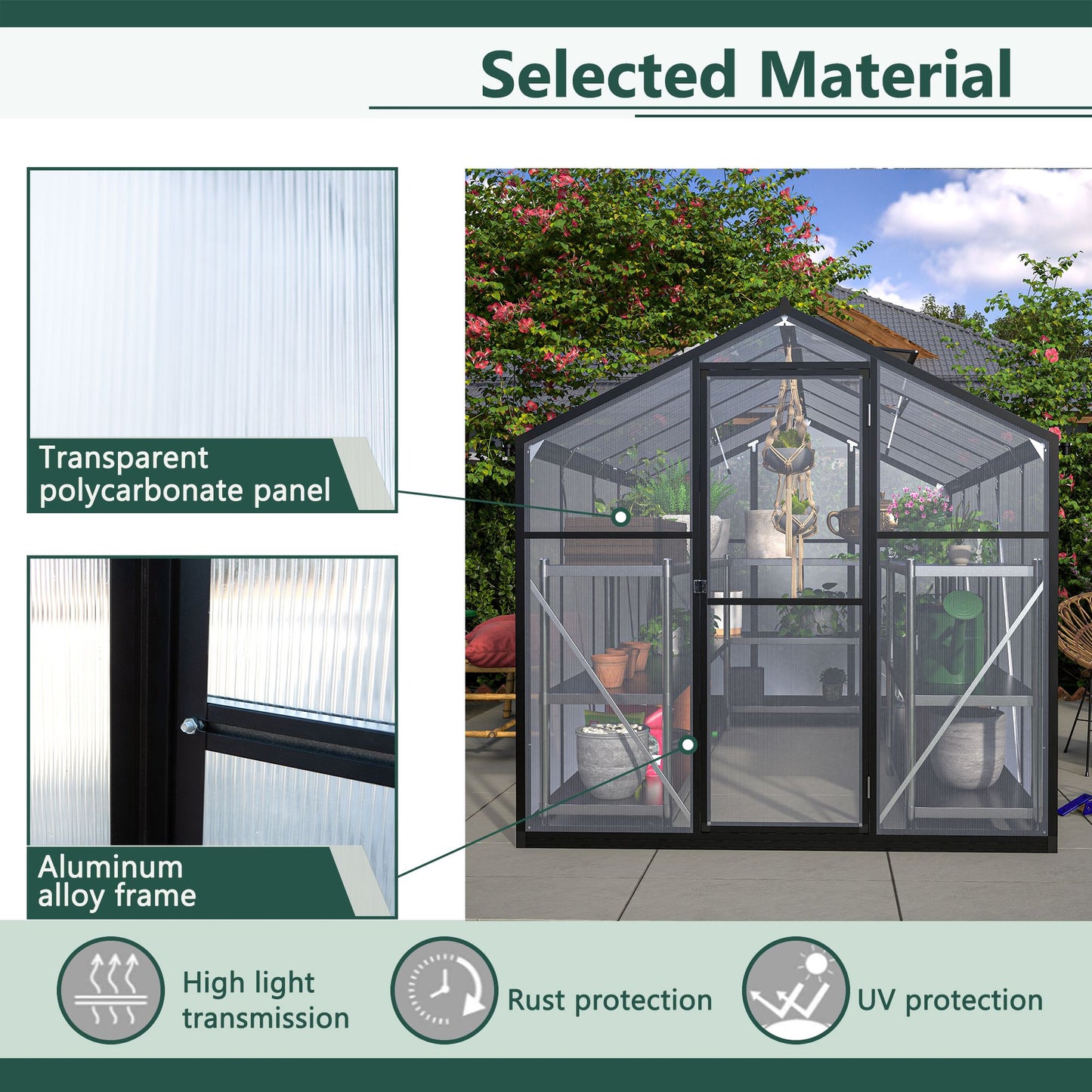 6x10 ft Polycarbonate Greenhouse  with Aluminum Frame Lockable Door & Adjustable Roof Vent