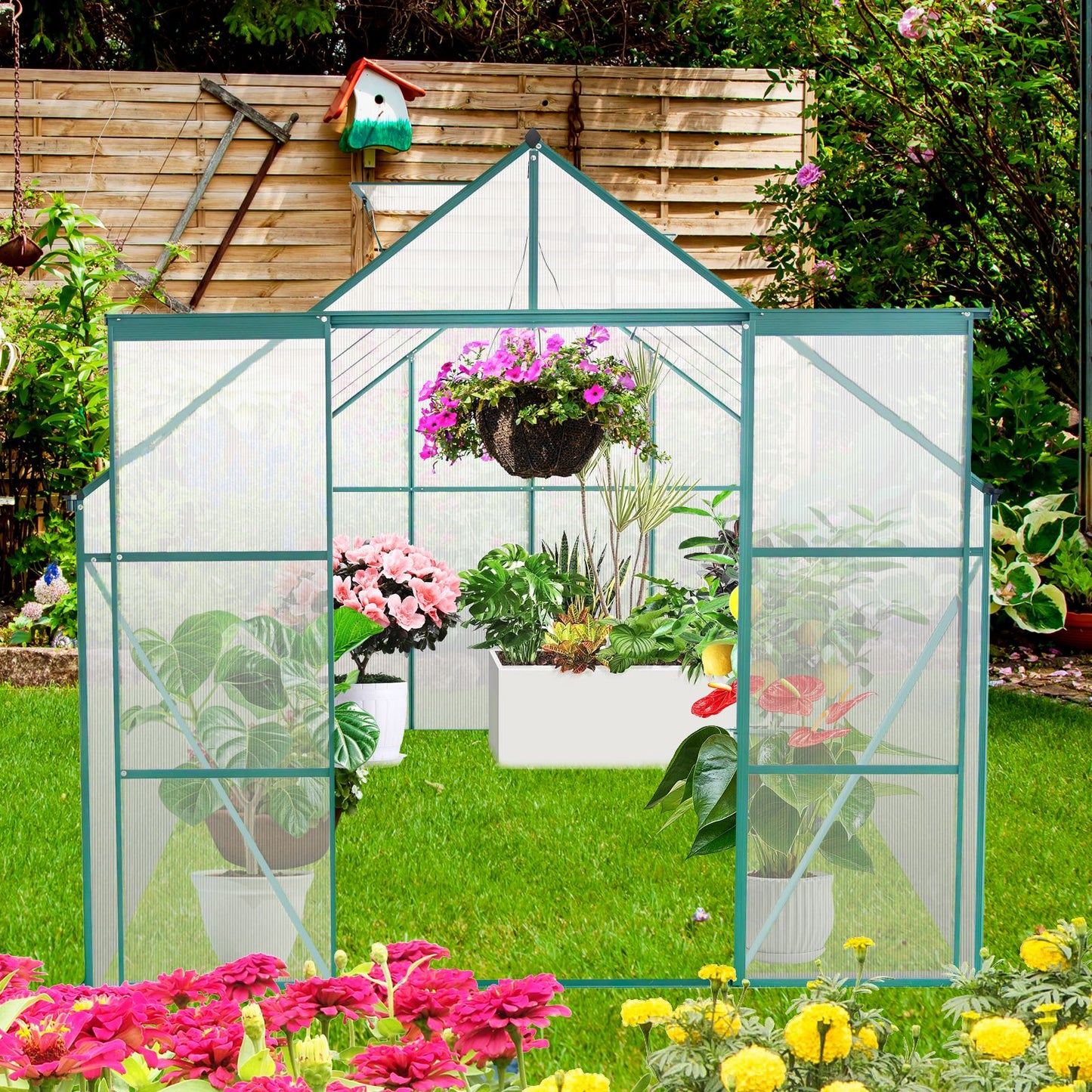 8x10FT Double Door Polycarbonate Greenhouse Raised Base, Anchor Aluminum Heavy Duty