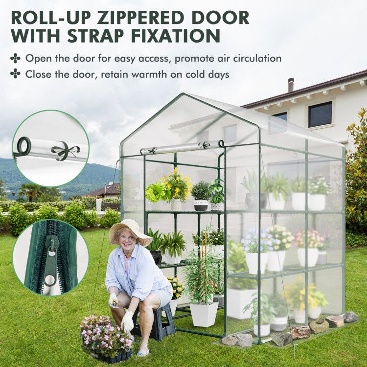 Walk-in Greenhouse with 4 Tiers 8 Shelves PVC Cover Roll-up Zippered Door