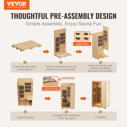 VEVOR Low EMF Far Infrared Hemlock Wood Sauna with Tempered Glass Door LED Reading Lamp Bluetooth Speakers, 1140W Indoor Use